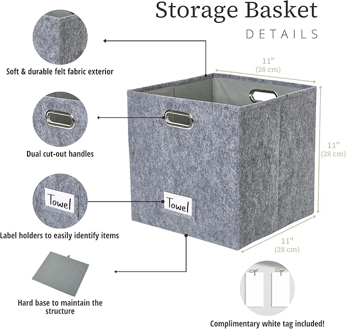 DECOMOMO Felt Storage Bins, 11 inch Cube Storage Bin with Labels for Shelves Kallax (Cube 11" / 6pcs, Dark Grey)