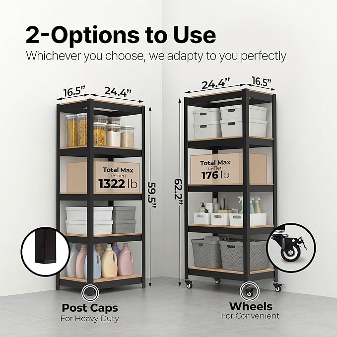 HOMEDANT House 24.4" 5-Tier Metal Rolling Cart Shelf Rack Casters Heavy Duty Laminated Wheel Shelving Unit Adjustable Utility Storage Shelves Shelf Kitchen Garage Black 1Pack