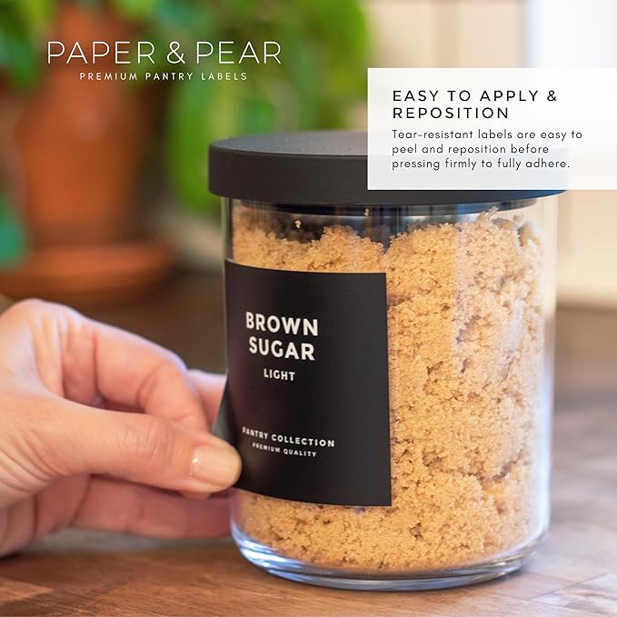 Modern Block-Black Pantry Labels for Containers Preprinted Waterproof by Paper & Pear - Oil & Tear Resistant Square Kitchen Pantry Labels for Home Improvement - Set of 60, 2.6 Inches (No Jars)