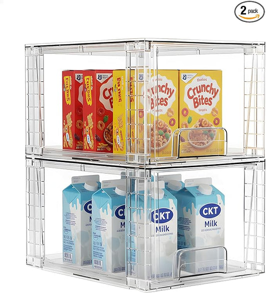 2 Pack Large Stackable Storage Drawers, Acrylic Bathroom Undersink Closet organizers and storage, Clear Plastic Bins for Pantry, Kitchen Cabinets, Makeup, Perfume, Baby Bottles, Medicine Organization