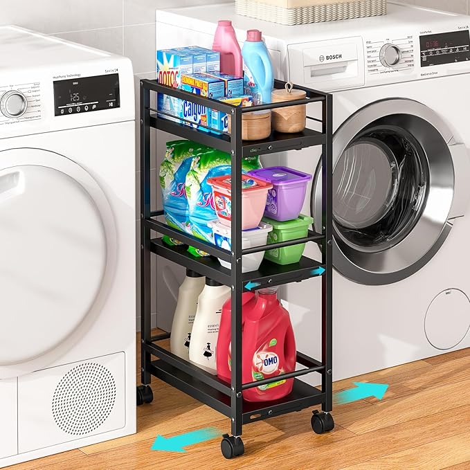 Expandable Slim Storage Cart for Small Space, 3-Tier Metal Rolling Kitchen Cart, Adjustable Narrow Laundry Cart, Small Shelving Unit with Wheels, Ideal for Kitchen Bathroom Laundry Room Living Room