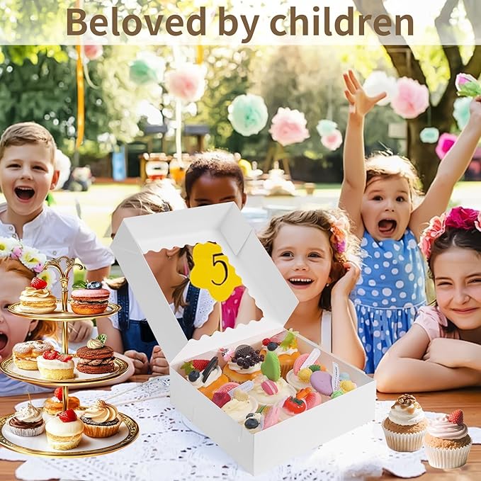 40 pcs 8x8x2.5 Inches Cake Box with Window, Bakery Pastry Cookie Boxes, Mini Pie for Pastry,Dessert,Strawberries,Chocolates（White）