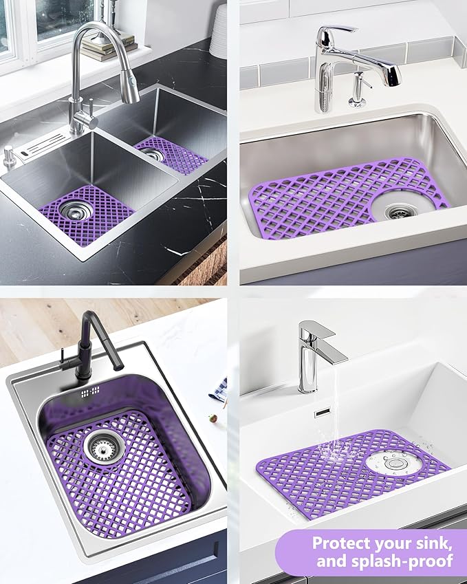 BEHOK 2 Pack Silicone Sink Protectors for Kitchen Sink, Lozenge Pattern 13 x 11 Inches Sink Mat, Non-Slip and Durable Sink Protector Silicone, Rear Drain, Purple