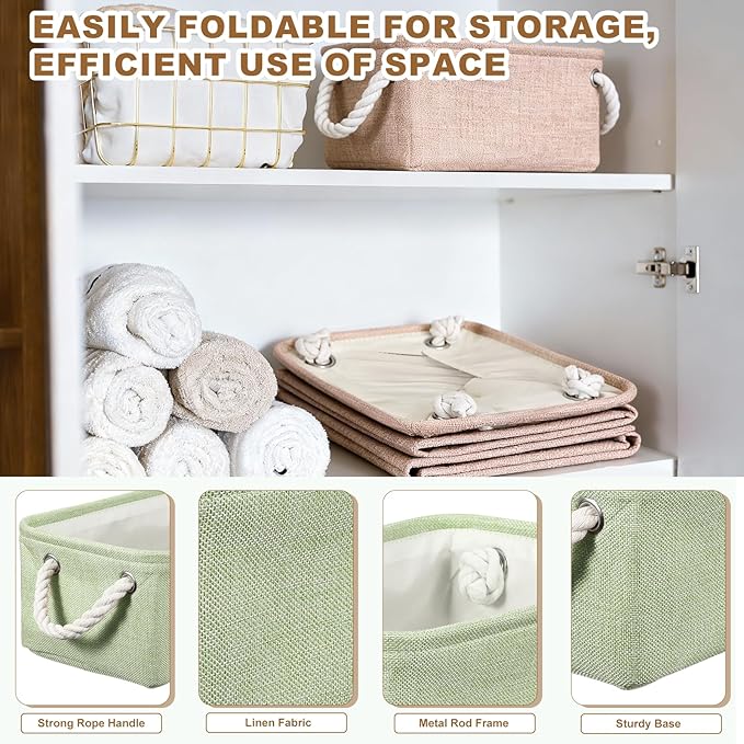 uxcell 2Pcs Fabric Storage Bins, 12 x 8.3 x 5 Inch Foldable Storage Cubes with Rope Handles Collapsible Bins Baskets for Home Office Shelves Closet Clothes Books Organizing, Green