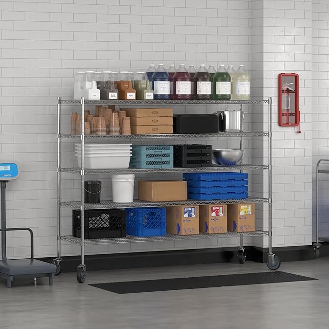 Commercial NSF Listed Chrome Mobile Wire Shelving Kit 21" x 72" x 60", with 5 Shelves Perfect for Warehouse, Walk-in Refrigerator, Freezer, Grocery Store, Restaurant, Dishroom