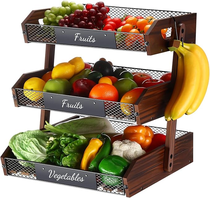 3 Tier Fruit Basket for Kitchen Counter Organizer with Banana Hangers Wooden Fruit Basket Kitchen Counter Storage Holder for Onion Potato Bread Vegetable Organize(15.75 x 13.7 x 16.9 Inches)