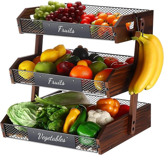 3 Tier Fruit Basket for Kitchen Counter Organizer with Banana Hangers Wooden Fruit Basket Kitchen Counter Storage Holder for Onion Potato Bread Vegetable Organize(15.75 x 13.7 x 16.9 Inches)