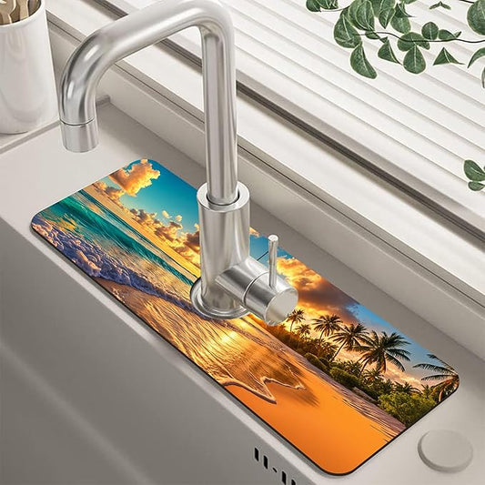Sunset Beach Waves Palm Trees Kitchen Sink Splash Guard Faucet Mat Super Absorbent Fast Drying Mat Guard Behind Faucet Drip Catcher for Kitchen Bathroom, 15.5"X5.5"