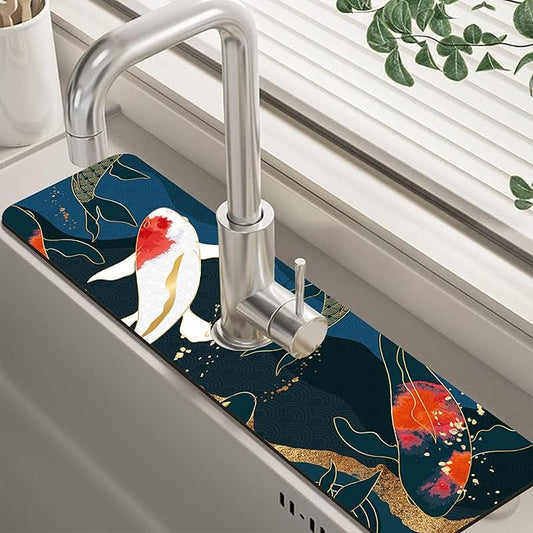 Oriental Japanese Koi Fish Sink Faucet Absorbing Mat Sink Splash Guard Faucet Mat Draining Mat Fast Drying Sink Protectors for Kitchen and Bathroom 5.5"×24"