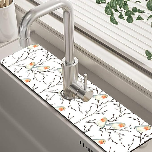 Willow Branches and Robin Dish Drying Mat for Kitchen Sink Splash Guard Behind Faucet Sink Mat Absorbent Fast Drying Faucet Draining Mat for Bathroom Kitchen 5.5"×24"