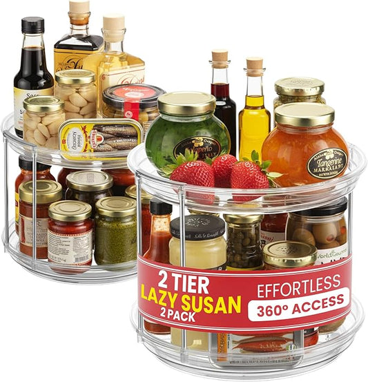 Clear Two Tier Lazy Susan Organizer - 2-Pack Rotating Spice Rack Turntable for Kitchen Cabinet, Countertop, Bathroom or Dining Table - Spinning Carousel Racks for Counter and Pantry Cabinet Storage