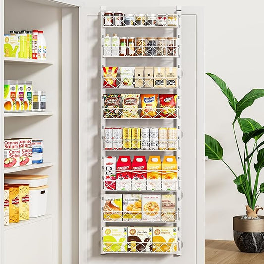 MIAOLI Over the Door Organizer, White 8-Tier Pantry Door Organizer with Adjustable Basket, Hanging Spice Rack Cabinet Door Shelves, Laundry Room Organization and Storage