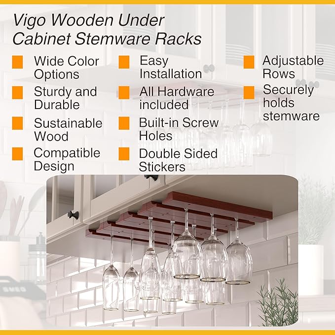 Rustic State Vigo 4 Sectional Adjustable Under Cabinet Mount Wood Stemware Rack Hanging Shelf Glassware Holder Bar Organizer with up to 12 Wine Glass Storage 12 Inch Deep Mahogany