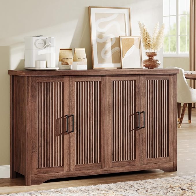 Fluted Buffet Cabinet with Storage Accent Sideboard,Modern Credenza with 4 Doors & Adjustable Shelves,Wood Coffee Bar Table Console for Dining Room Kitchen Living Room Entryway, Walnut