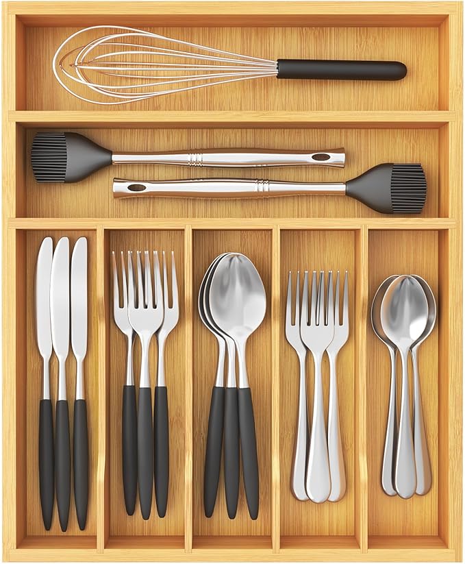 Lifewit Silverware Drawer Organizer, Utensil Tray for Kitchen, 7 Slot Bamboo Flatware and Cutlery Holder, Wood Storage for Spoons Forks Knives, 12.9 x 16.5 Inches, Natural