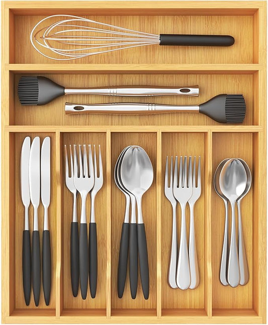 Lifewit Silverware Drawer Organizer, Utensil Tray for Kitchen, 7 Slot Bamboo Flatware and Cutlery Holder, Wood Storage for Spoons Forks Knives, 12.9 x 16.5 Inches, Natural