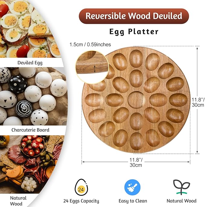 Lounsweer Reversible Wood Deviled Egg Platter and Charcuterie Board Thicken Tray Countertop Refrigerator Chicken Egg Containers Carrier for Easter Christmas(Acacia Wood)