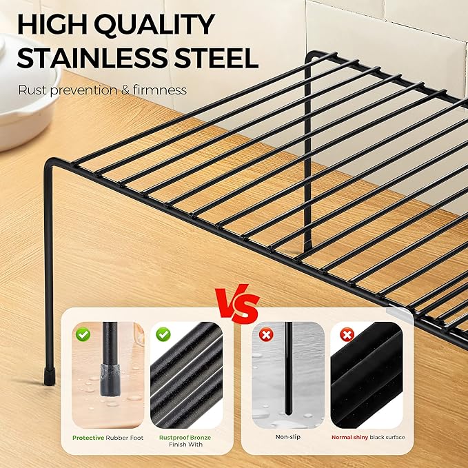 Ravinte 2 Pack Freezer Shelf Organizer, Expandable Cabinet Storage Shelf with Rustproof Metal Wire, Adjustable Kitchen Cabinet Organizer Spice Rack for Frige, Pantry, Cupboard, Countertop - Black