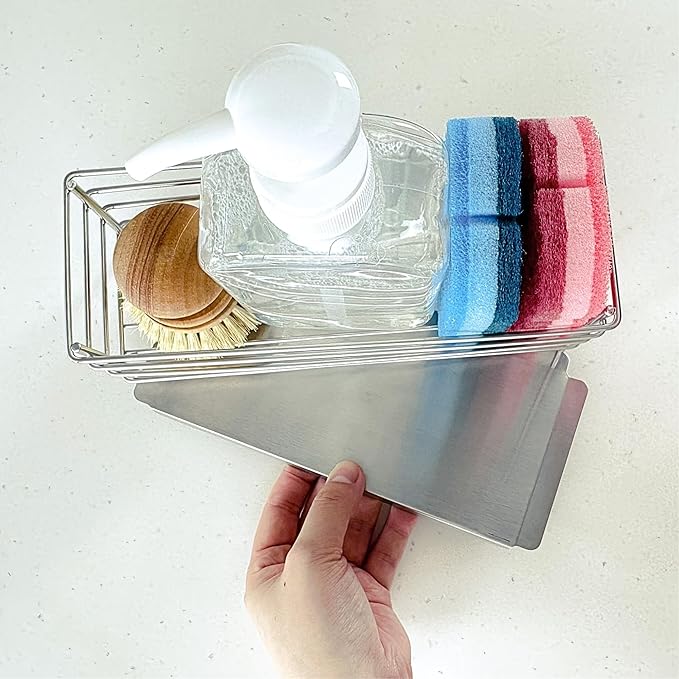 Sponge Holder for Kitchen Sink with Drip Tray | 304 Stainless Steel Sink Caddy | Kitchen Sink Organizer and Kitchen Sponge Holder | Rust Resistant Steel Frame Dish Caddy for Countertop