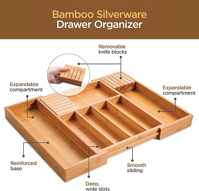 Expandable Drawer Organizer with Knife Block - Bambusi Bamboo Kitchen Utensil & Silverware Organizer, Adjustable Cutlery Tray Divider for Flatware, 7 Compartment Large Drawer Organizer