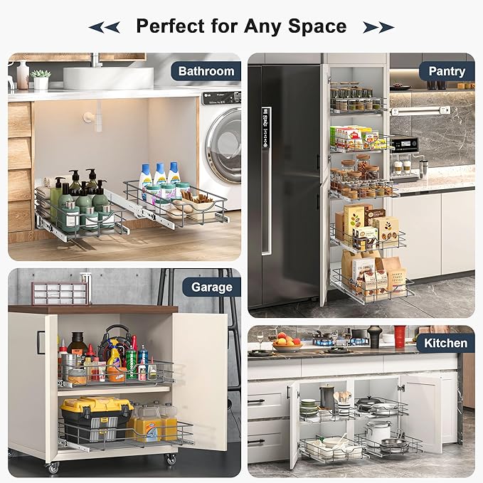 Pull Out Shelves - 8" W x 22" D Soft Close Pull Out Cabinet Organizer 1 Tier - Sliding Shelves with Shelf Liner - Heavy Duty Steel Wire Drawers for Kitchen Cabinets, Pantry, Bathroom