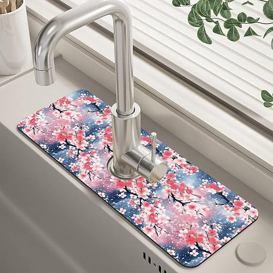 Japanese Pink Cherry Blossoms Dish Drying Mat for Kitchen Sink Splash Guard Behind Faucet Sink Mat Absorbent Fast Drying Faucet Draining Mat for Bathroom Kitchen 5.5"×15"