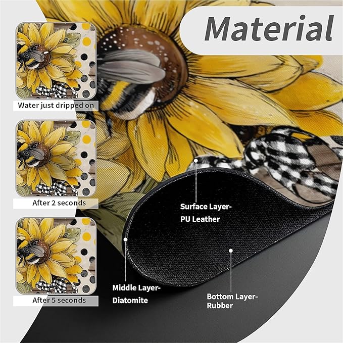 Kitchen Sink Splash Guard，Sunflower-with bumblebees Faucet Mat Sink Gadgets-Super Absorbent Fast Drying Mat Drip Catcher for Kitchen, Bathroom,Sink Mat, Dish Drying Mat, Bathroom(15" X 5.5" )