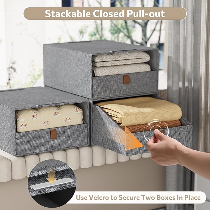 4-Pack Storage Bins with Drawers Large Closet Organizers and Storage Stackable Fabric Clothes Storage Box Collapsible Closet Drawers Organizer for Bedroom Living Room Under Bed (Deep Grey, 21L*4)