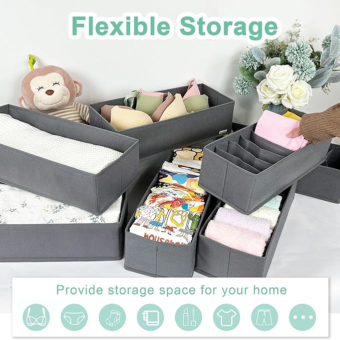 homyfort 8 Pack Dresser Drawer Organizers and Storage Bins for Clothing, Large Drawer Organizer Bins for Baby Clothes, T-Shirts, Bra, Underwear, Socks (Grey)