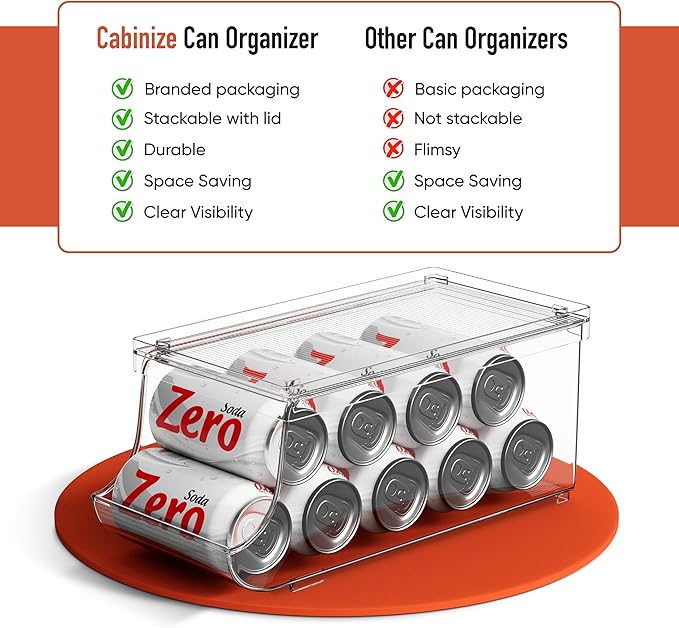 Cabinize Set of 2 Stackable Drink Can Organizer for Fridge, Freezer, Kitchen, Countertops, Cabinets - Soft Drink Holder for Refrigerator with Lid, Soda Can Dispenser, BPA Free, Holds 9 Cans Each