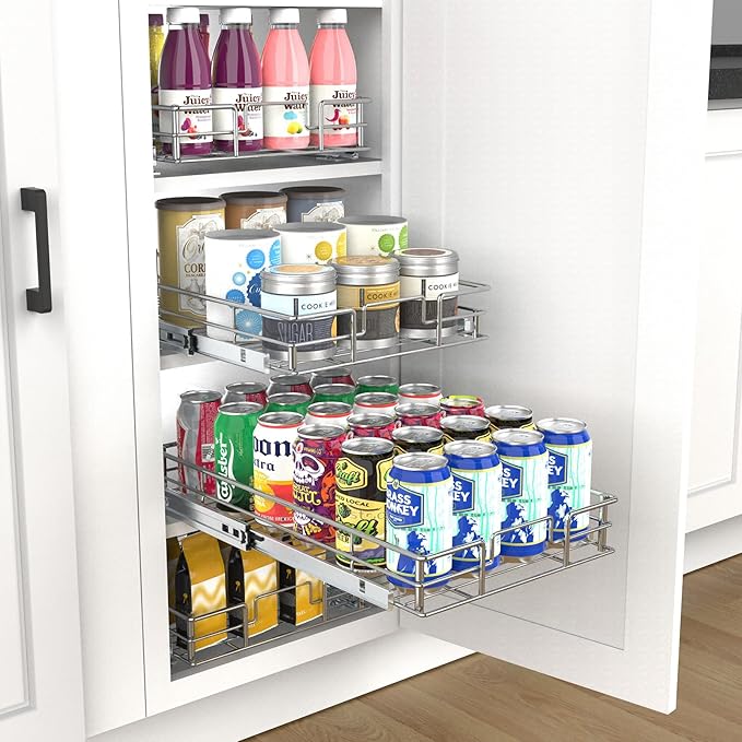 Pull Out Cabinet Organizer, 17" W x 21" D Slide Out Kitchen Cabinet Storage Shelf and Drawer Organizer NEED 18" W and 22" D Cabinet, Chrome Finish