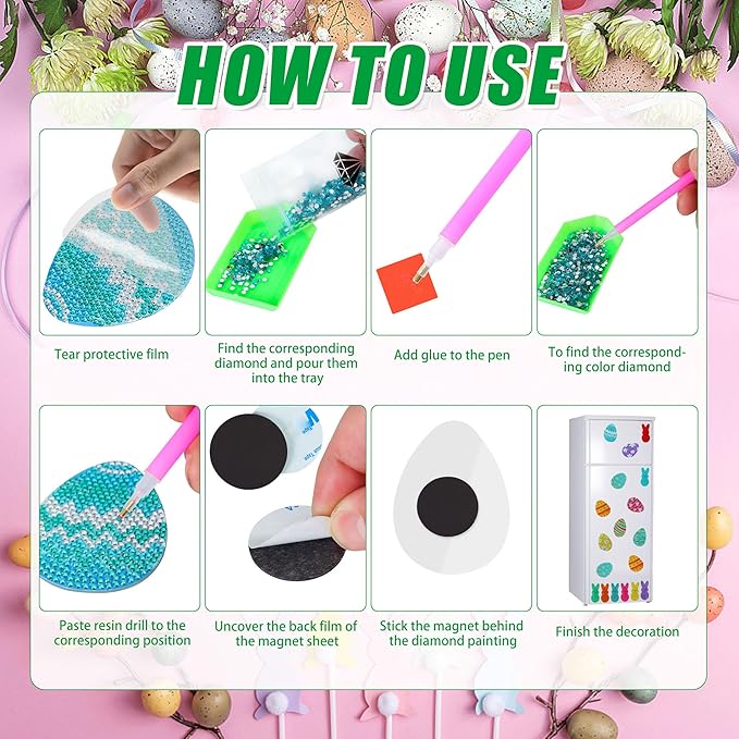 Muximud 16 Pcs Easter Diamond Art Magnets for Refrigerator DIY Eggs Bunny Diamond Painting Magnets Accessories Diamond Art Kits for Adults Easter Crafts Gifts Home Decor