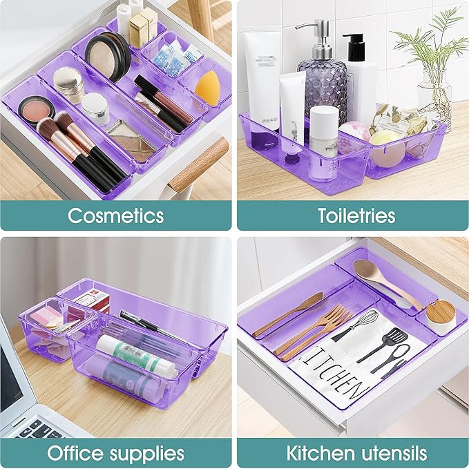 WOWBOX 6 PCS Clear Plastic Drawer Organizer Set, Desk Drawer Divider Organizers and Storage Bins for Makeup, Jewelry, Gadgets for Kitchen, Bedroom, Bathroom, Office, Purple
