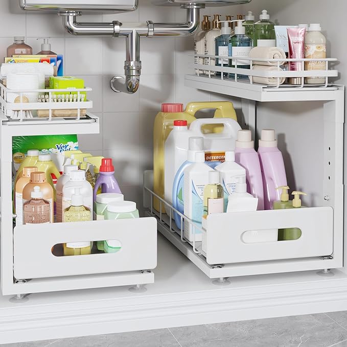 2 Pack 16.7 IN Depth Under Sink Organizer with Smooth Ball Bearing Slides,2-Tier Pull Out Cabinet Storage,Slide Out Drawers for Bathroom&Kitchen,Rust-resistant Coating,Height Adjustable-White