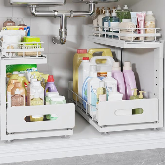 2 Pack 16.7 IN Depth Under Sink Organizer with Smooth Ball Bearing Slides,2-Tier Pull Out Cabinet Storage,Slide Out Drawers for Bathroom&Kitchen,Rust-resistant Coating,Height Adjustable-White