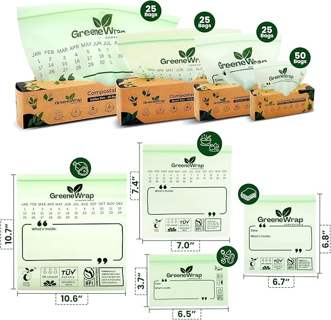 GreeneWrap Compostable Sandwich Size Zip Bags 25 Count Extra Thick 2 mil Resealable, Leak-Proof, Freezer Safe Disposable Food Storage Bags, BPI and OK Compost Home Certified, ASTM D6400