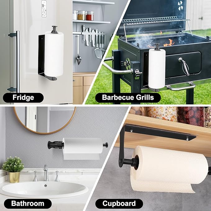 Magnetic Paper Towel Holder with Adjustable Damping, One Hand Tear, Smooth Tension Control, Strong Magnet & Self Adhesive Wall Mount, No Drilling for Kitchen, Fridge, RV, Garage, Grill (Black)