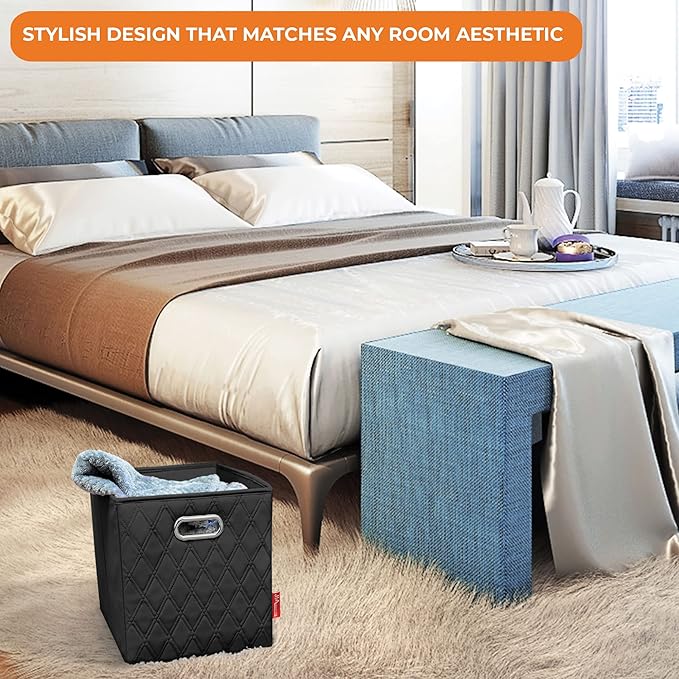 FH Group JIAessentials 13" Faux Leather Foldable Storage Cube Bins Set of 2 – Black Diamond Patterned Organizers with Handles for Closet & Shelves