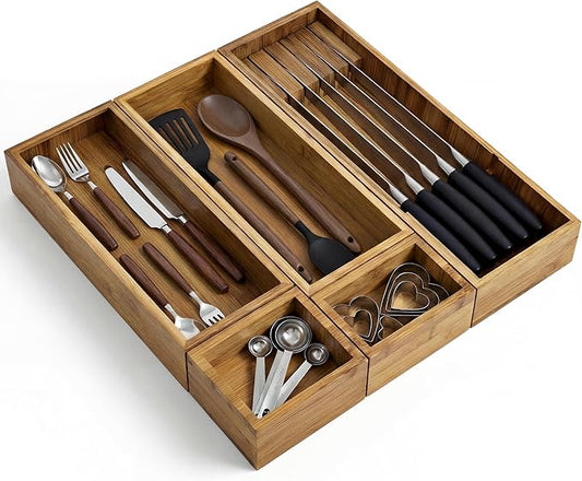 KOCWELL Bamboo Silverware Drawer Organizer with Knife Block, 5 Removable Drawer Organizer Bins - Multi-Use for Kitchen Utensils, Office, Makeup, Tools Storage