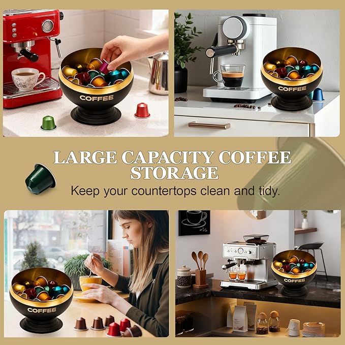 Coffee Pod Holder - Large Capacity Black & Gold Metal Coffee Pod Storage, Capsule Storage Organizer, Coffee Bar Accessories for Kitchen Counter Office Desktop (Black+Gold-7.1in/18cm)