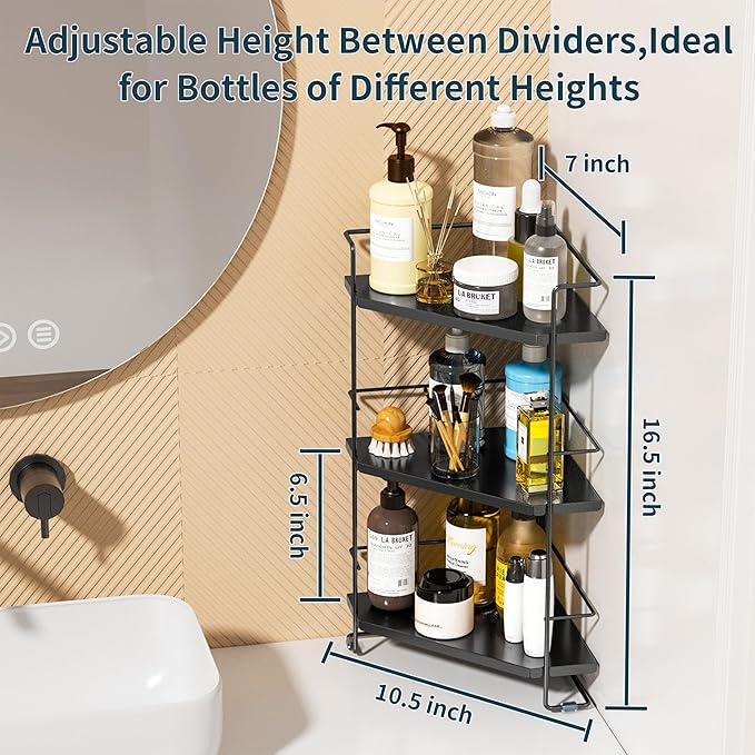 BOIVSHI 3-Tier Bathroom Organizer, Bathroom Counter Organizer, Bathroom Organizers and Storage for Bathroom, Kitchen Counter, Corner Storage Shelf for Bedroom Storage Makeup Skincare Perfume (Black)