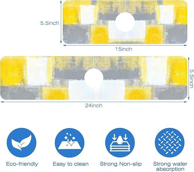 Grey and Yellow Abstract Kitchen Sink Splash Guard Mat Absorbent Fast Drying Mat Faucet Draining Mat Sink Splash Guard Behind Faucet Drip Catcher for Kitchen Bathroom 5.5"×15"