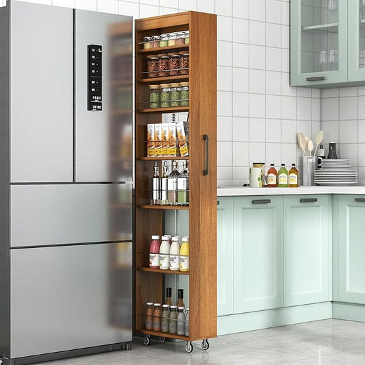 7 Tier Slim Storage Cart, Rolling Spice Rack Next to Fridge Slim, Narrow Storage Cabinet, Wood Storage Organizer with Handle Wheels for Kitchen, Dining Room (7 Tier - Oak color2)