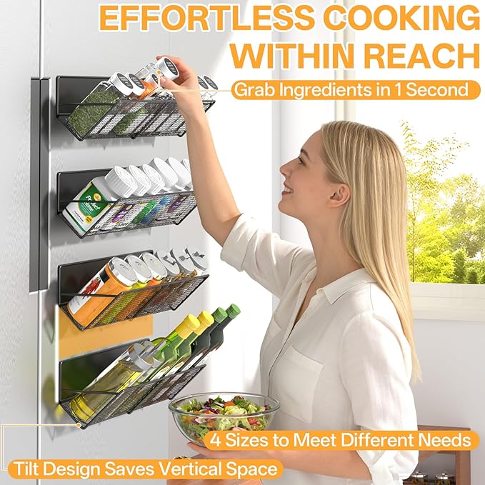 Magnetic Spice Rack for Refrigerator 4-Pack, Tilt Magnetic Fridge Shelves, 14-16.5 inch, 100% Metal, Holds 32 Jars, Strong Magnet Spice Organizer for Small Apartment Kitchen/ Laundry, Space Saving