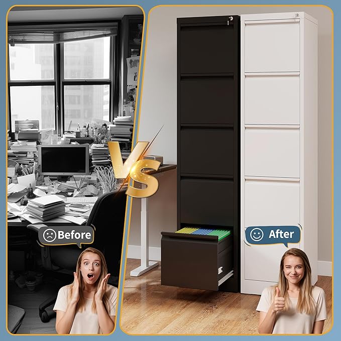5 Drawer File Cabinet with Lock, Vertical Filing Cabinets for Home Office, Metal Storage Cabinets, Heavy Duty File Cabinet for Letter/Legal/A4/F4 Size Amsseble Required, White