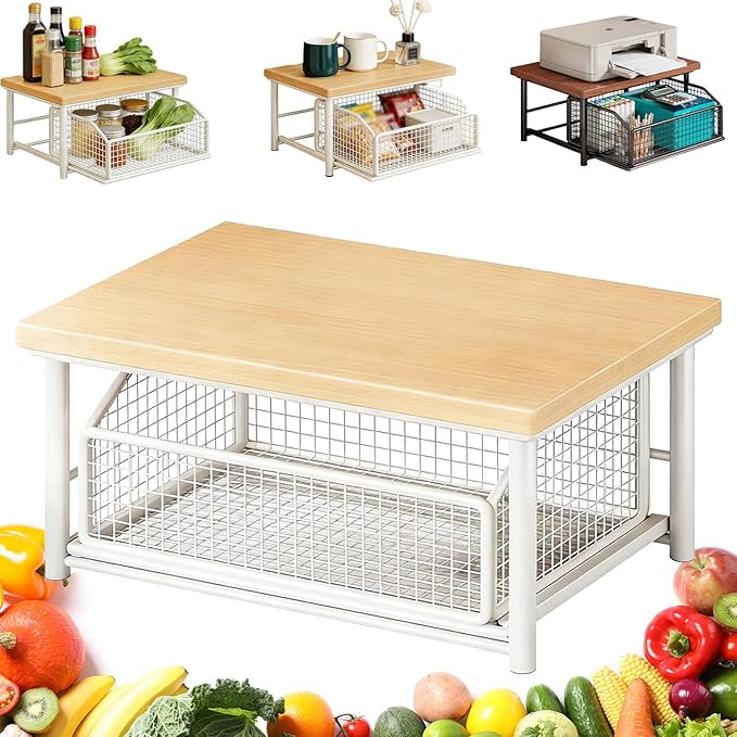 Kitchen Countertop Organizer with Drawer and Wire Basket, 2-Tier Hardwood Shelf for Microwave, Sturdy Hardwood Shelf, Space-Saving, for Storage in Family Tables, Kitchens, Bedroom Home (1, A-2)