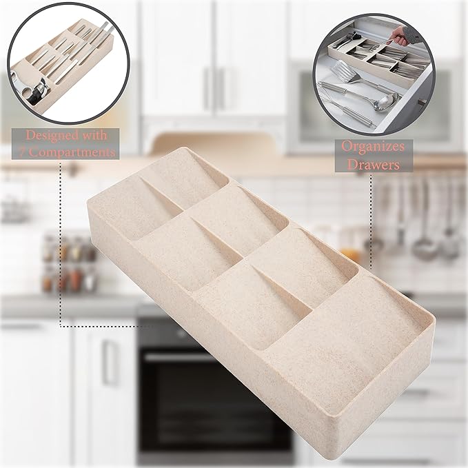 Kitchen Details 7 Slot Cutlery Drawer Organizer | Utensil Tray | Silverware Holder | Knife Spoon Fork | Flatware Storage & Organization | Natural