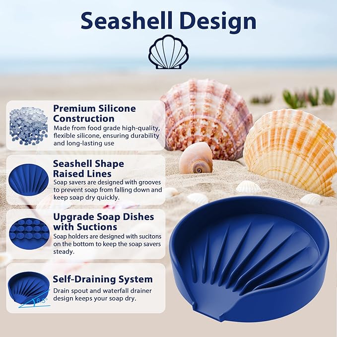 Self Draining Soap Dish, Silicone Soap Holder with Suction Cup and Drain Spout, Kitchen Bathroom Sink Organizer, Dish Soap Bar Tray Savers Sponge Holder, Perfect for Dispenser, Scrubber, Bottle, Cup