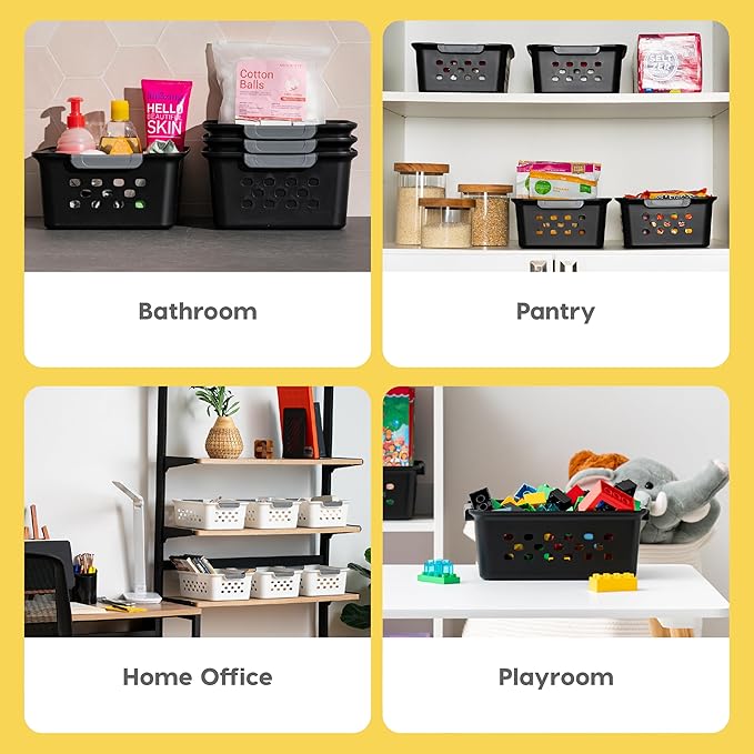 IRIS USA Plastic Storage Baskets, 12-Pack, Made in USA, Shelf Baskets Small Baskets Organizing Bins For Pantry Countertops Closet Shelves Office, Muti-Purpose, Nestable, Easy Carry, Black