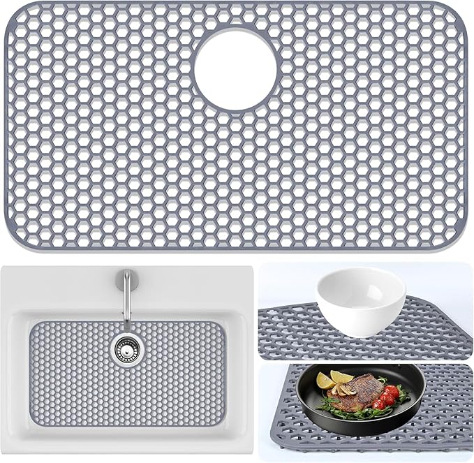 Inchoco Sink Protectors Mat - 25.79"x13.98" Kitchen Sink Pad for Bottom of Basin for Protection of Stainless Steel and Tableware, Farmhouse Rubber Basin Mat Protector with Rear Drain - Light Gray